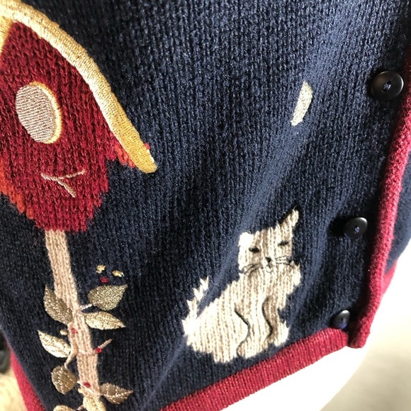 Vintage Y2K Ramie Cotton Embroidered Knit Vest Sz S Navy Wine Cat Bird Novelty - Picture 9 of 11